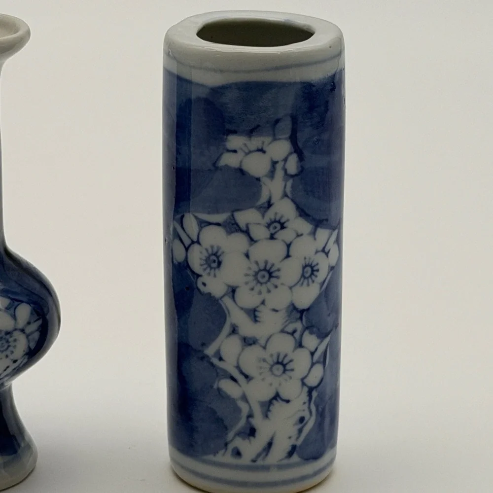 Set of 3 Blue and White Porcelain Miniature Bud Vases Cherry Blossom Floral